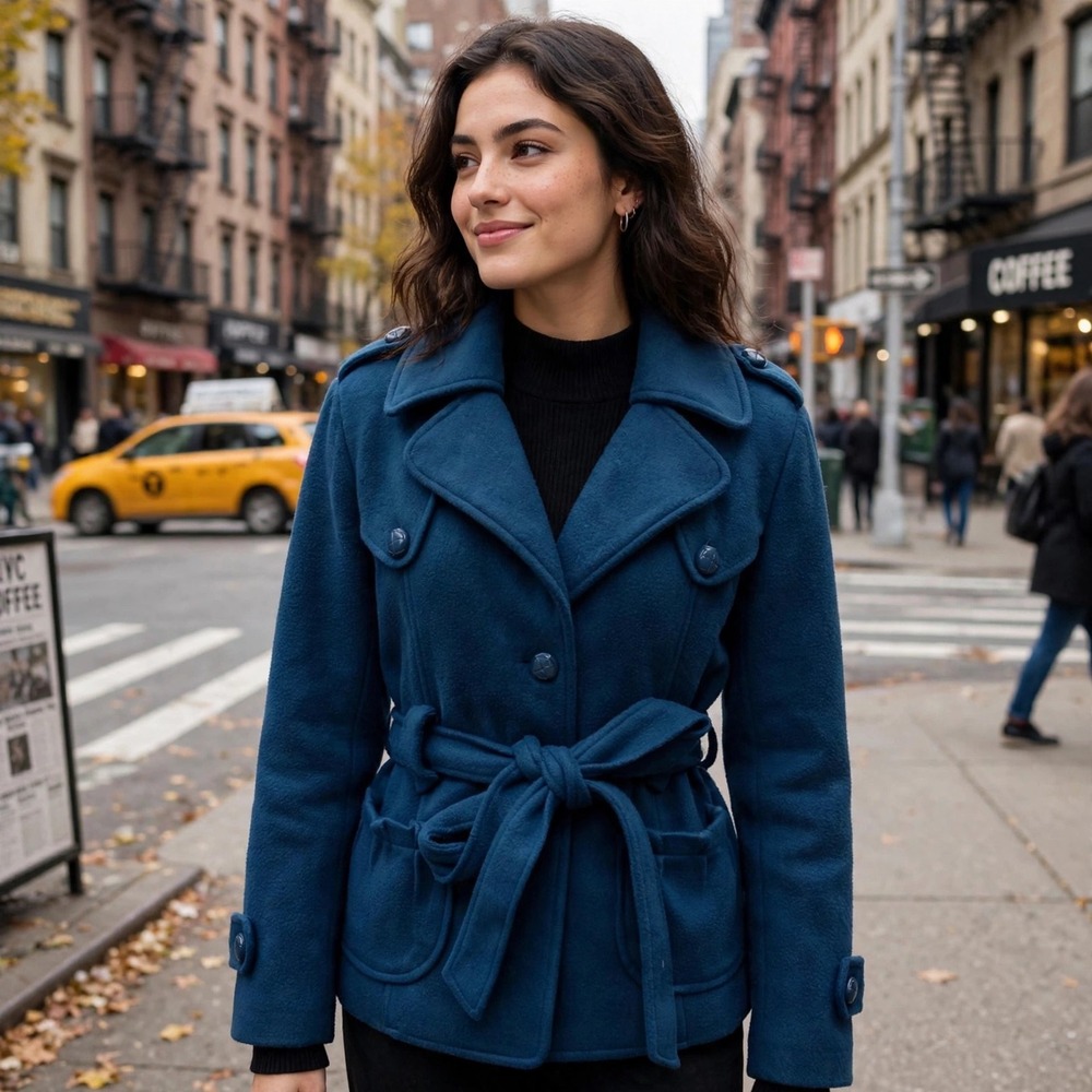 Finesse Teal Blue Belted Double Breasted Peacoat Jacket Women's Medium